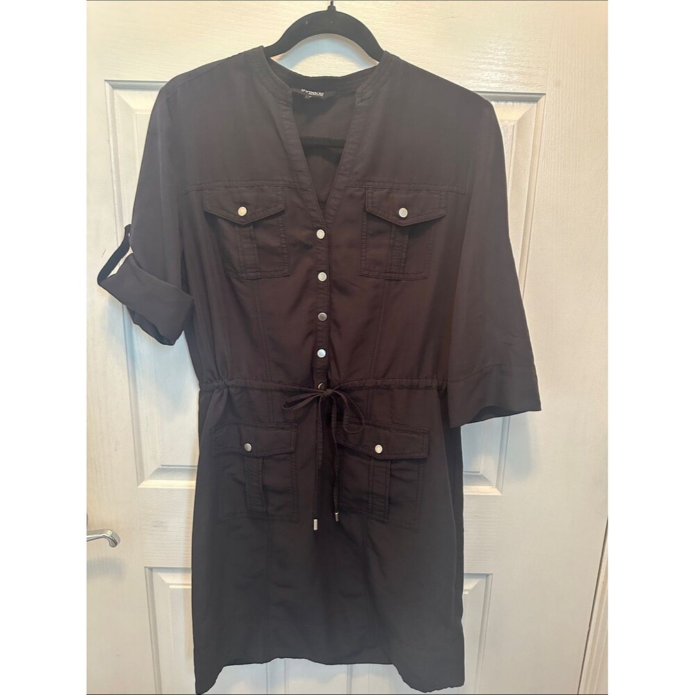 Saks Fifth Avenue Threads Black Button-Front Snaps Drawstring Waist Dress Sz 8
